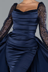 Jeta Navy Sequined Long Sleeve Tailed Satin Gown