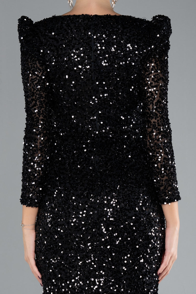 Milly Black Long Sleeve Decollete Sequined Gown