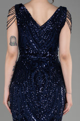 Milica Navy V Neck Long Sequined Gown