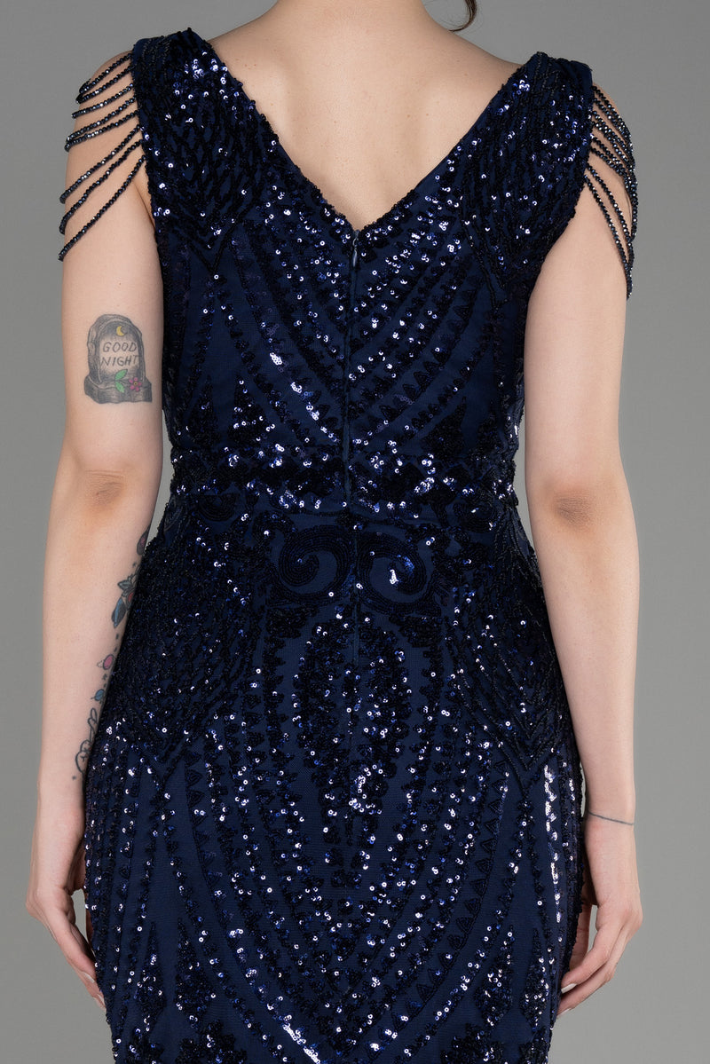 Milica Navy V Neck Long Sequined Gown