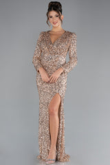 Milly Gold Long Sleeve Decollete Sequined Gown