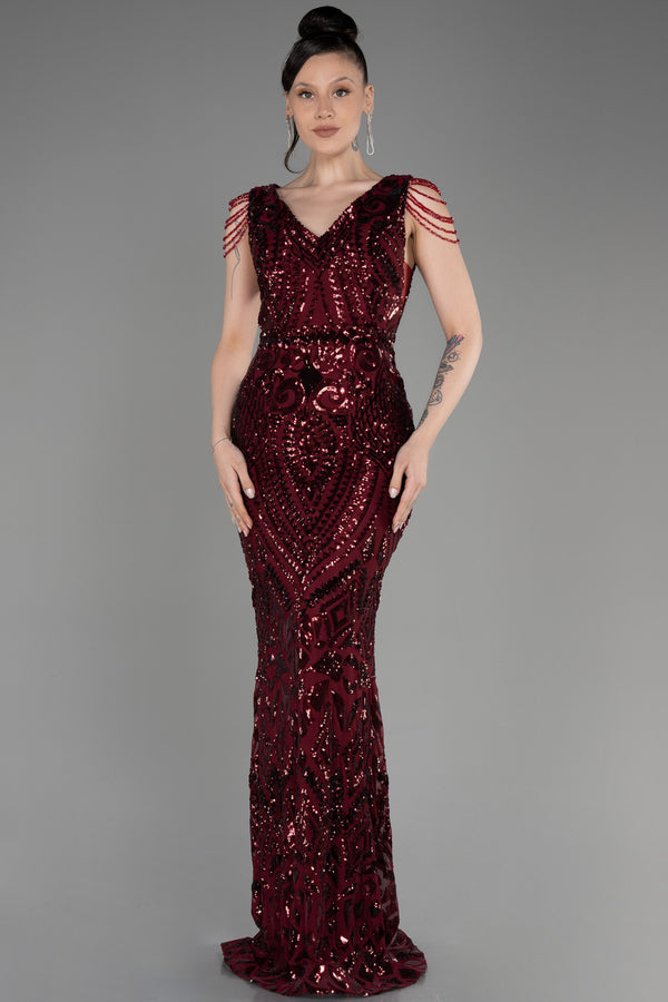 Milica Burgundy V Neck Long Sequined Gown