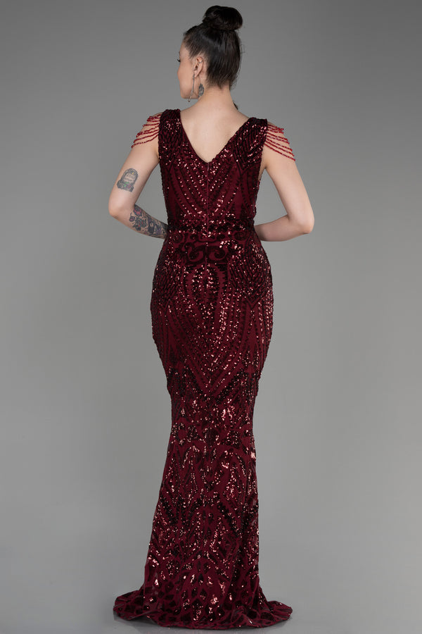 Milica Burgundy V Neck Long Sequined Gown