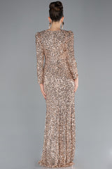 Milly Gold Long Sleeve Decollete Sequined Gown