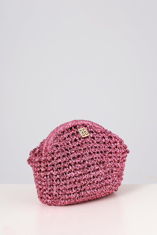 Fuchsia Woven Metallic Raffia Pouch Clutch Bag