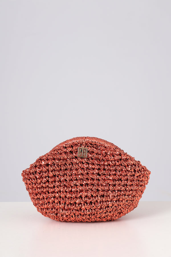 Orange Woven Metallic Raffia Pouch Clutch Bag