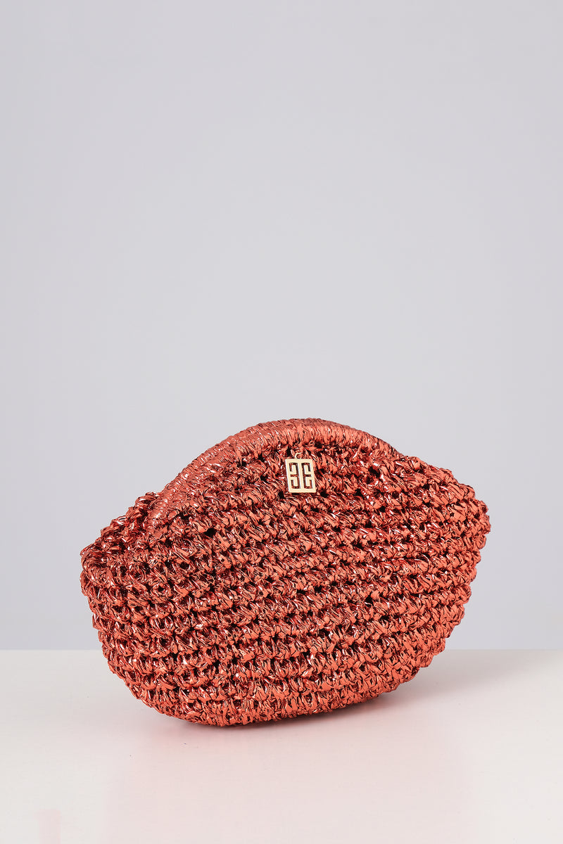 Orange Woven Metallic Raffia Pouch Clutch Bag