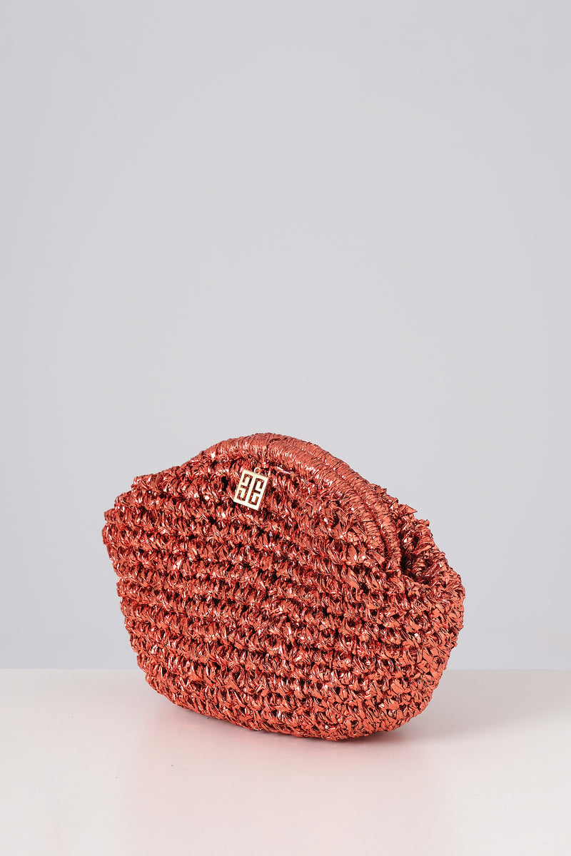 Orange Woven Metallic Raffia Pouch Clutch Bag