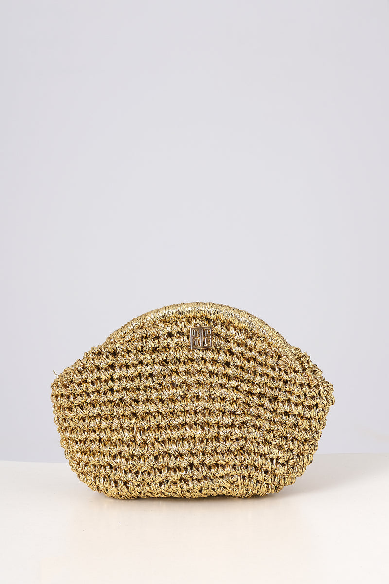 Gold Woven Metallic Raffia Pouch Clutch Bag