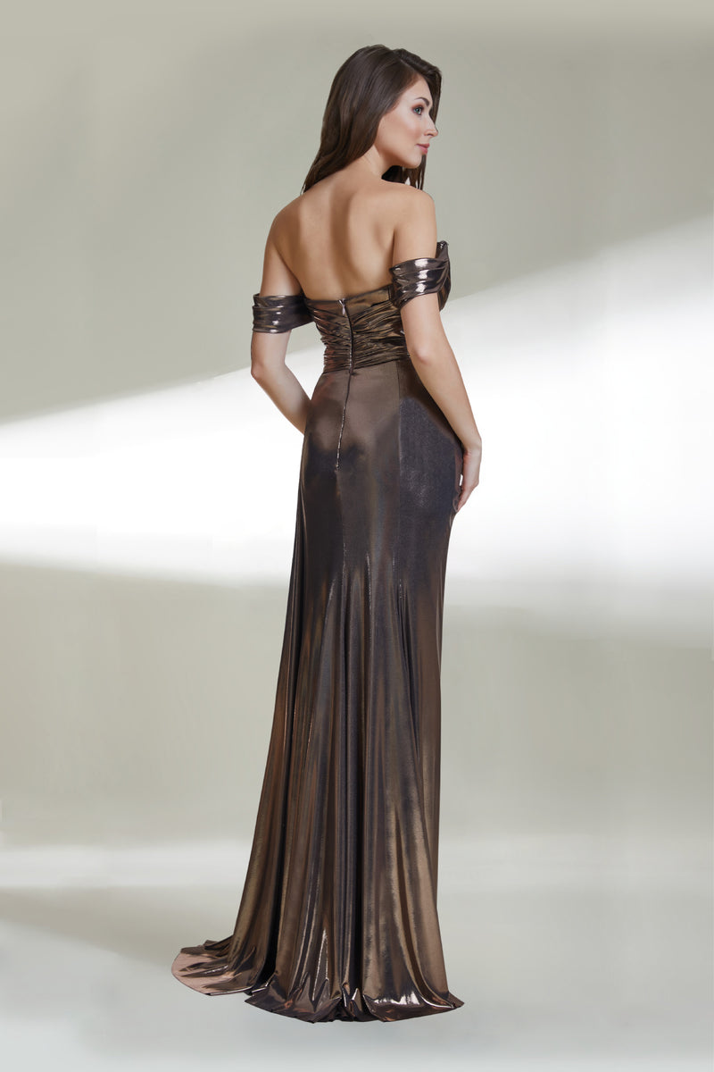 Mirabel Bronze Metallic Embellished Off Shoulder Gown unmatchedbyu Mirabel Bronze Metallic Embellished Off Shoulder Gown unmatchedbyu