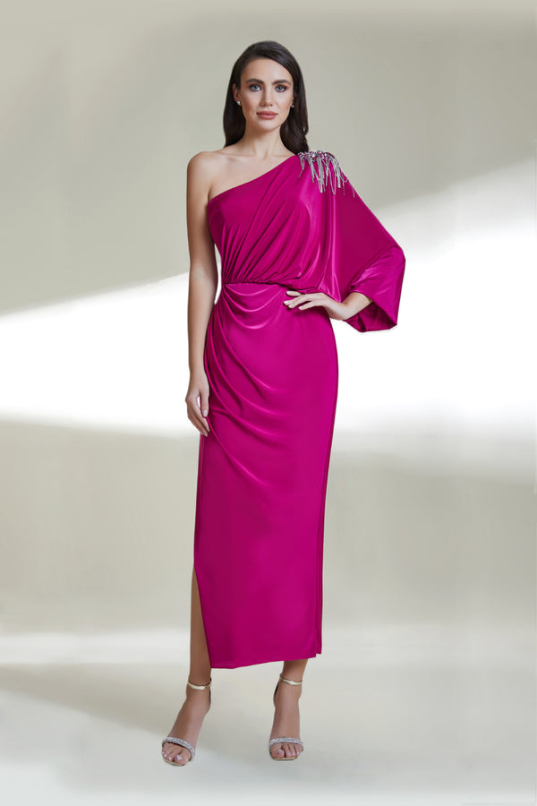 Leona Fuchsia One Long Sleeve Midi Dress