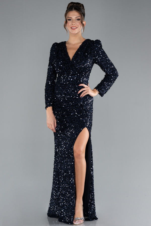 Milly Navy Long Sleeve Decollete Sequined Gown