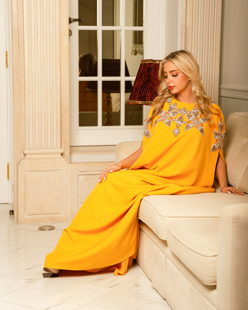 Yusra Mustard Yellow Embelished Caftan Dress