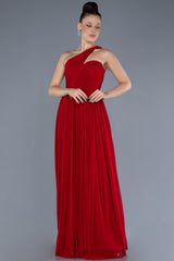 Irma One Shoulder Pleated Red Gown