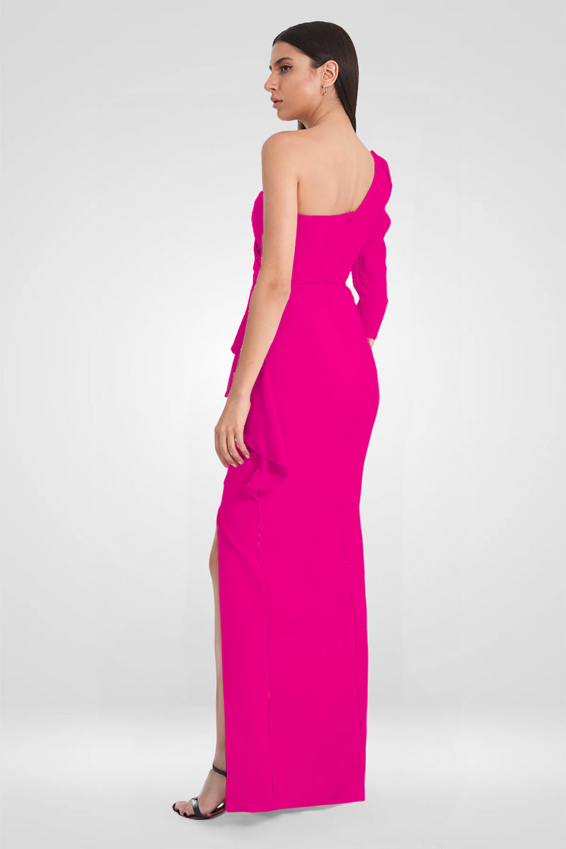 Akasha One Sleeve Black Ruffled Layered Detail Maxi Dress Fuchsia Hot