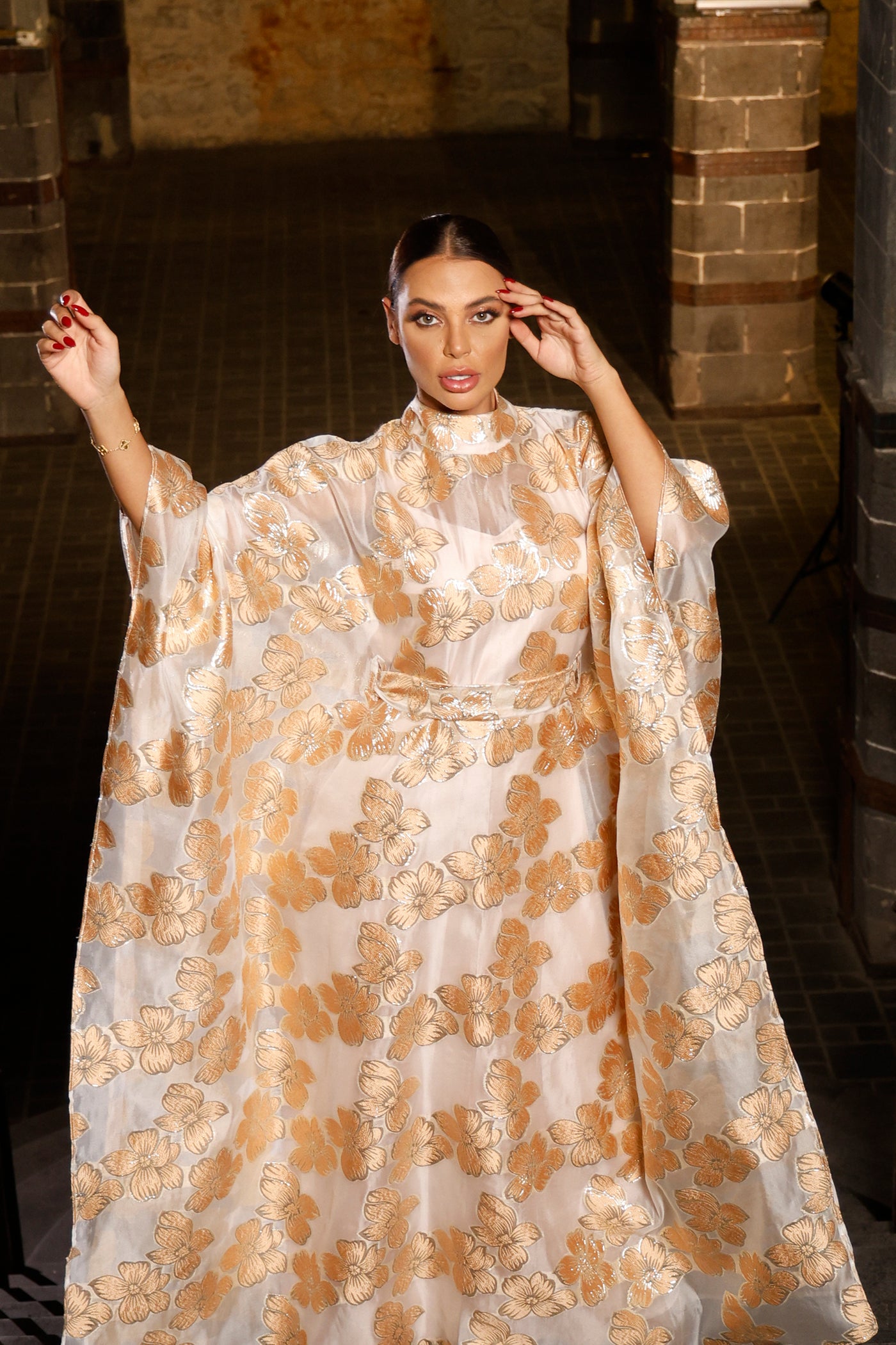 Alice Gold Floral Organza Butterfly Caftan Dress Alice Gold Floral Organza Butterfly Caftan Dress