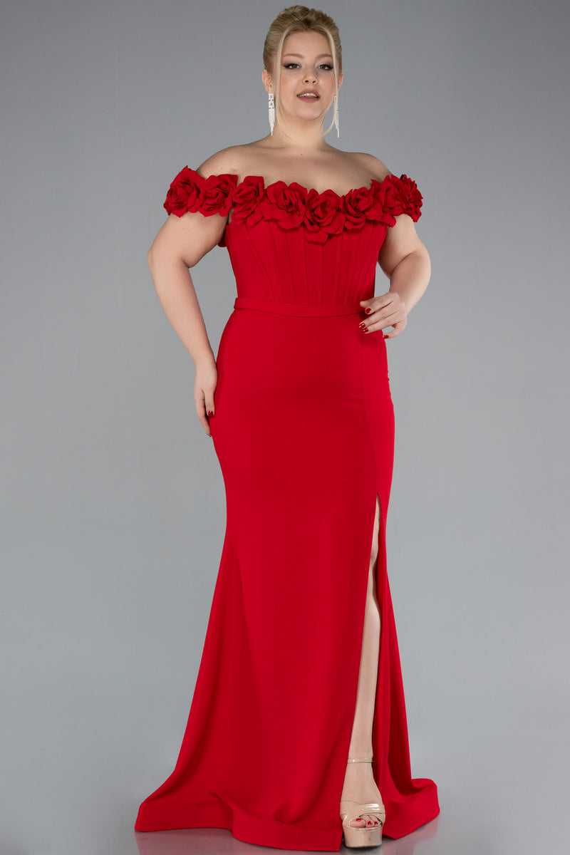 Amaya Red 3D Floral Off Shoulder Gown