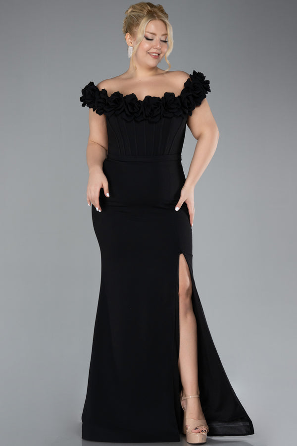 Amaya Black 3D Floral Off Shoulder Gown