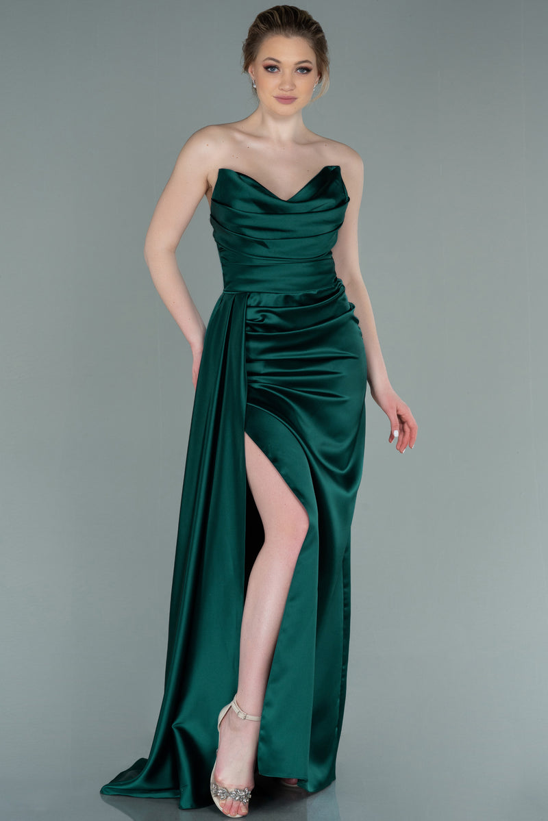 Amor Emerald Strapless Satin Ruched Cowl Neckline Gown – unmatchedbyu
