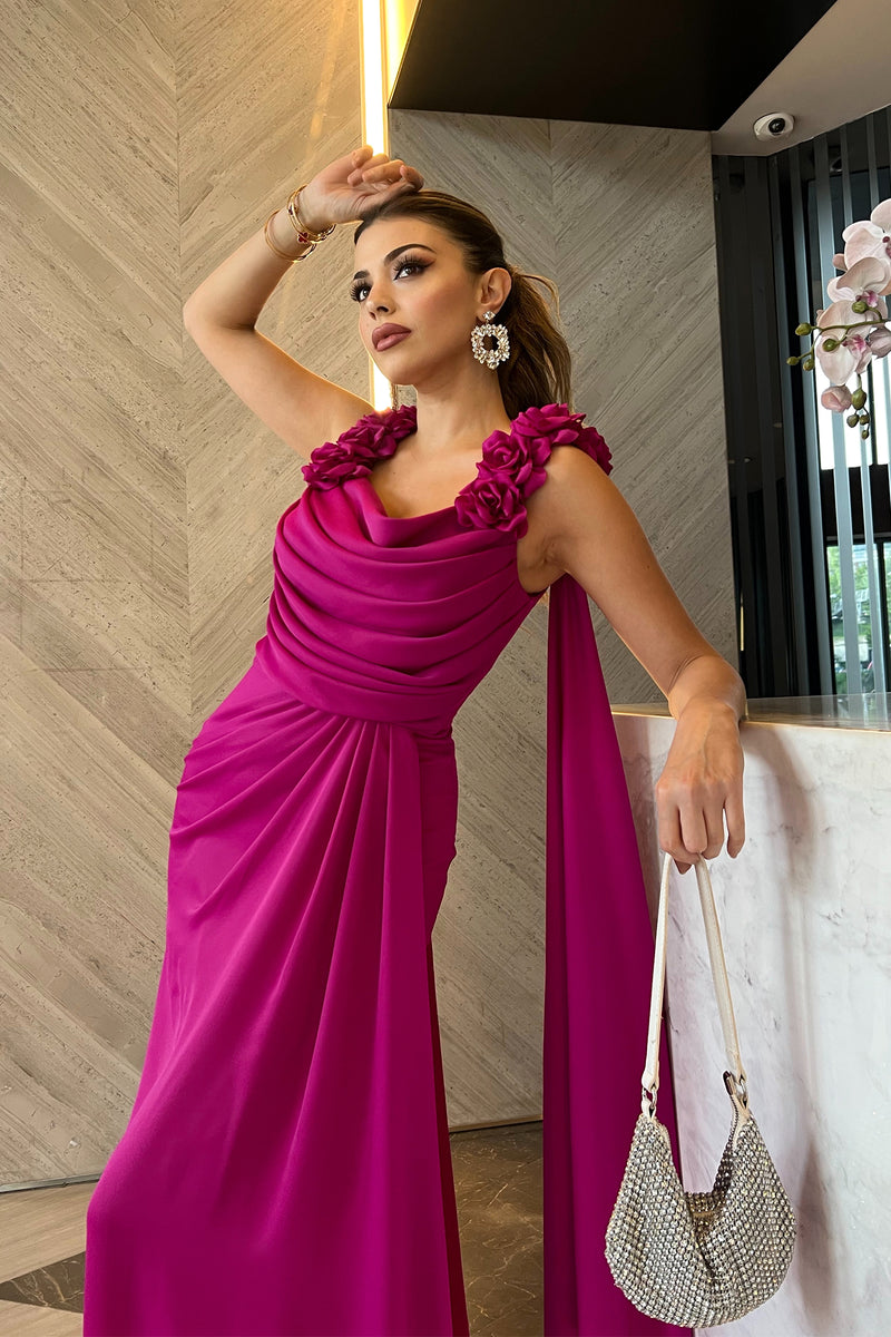 Arely Floral Shoulder Fuchsia Gown
