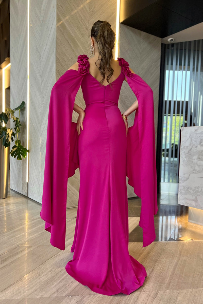 Arely Floral Shoulder Fuchsia Gown