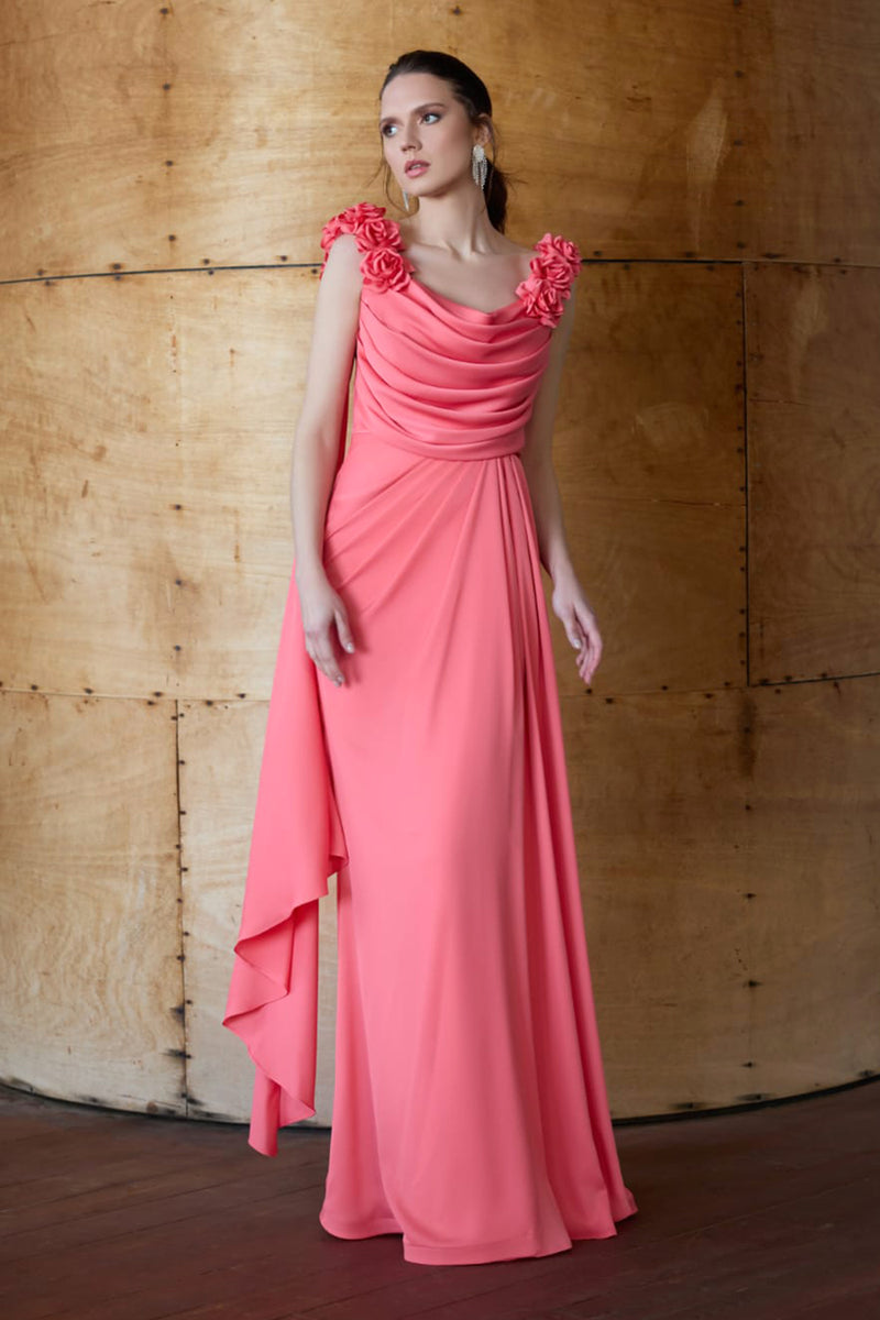 Arely 3D Floral Shoulder Coral Pink Cape Gown unmatchedbyu Arely 3D Floral Shoulder Coral Pink Cape Gown unmatchedbyu