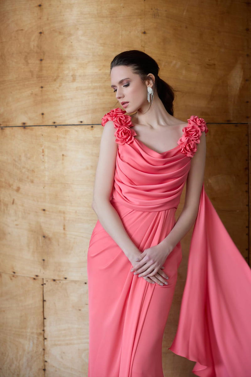 Arely Floral Shoulder Coral Pink Gown