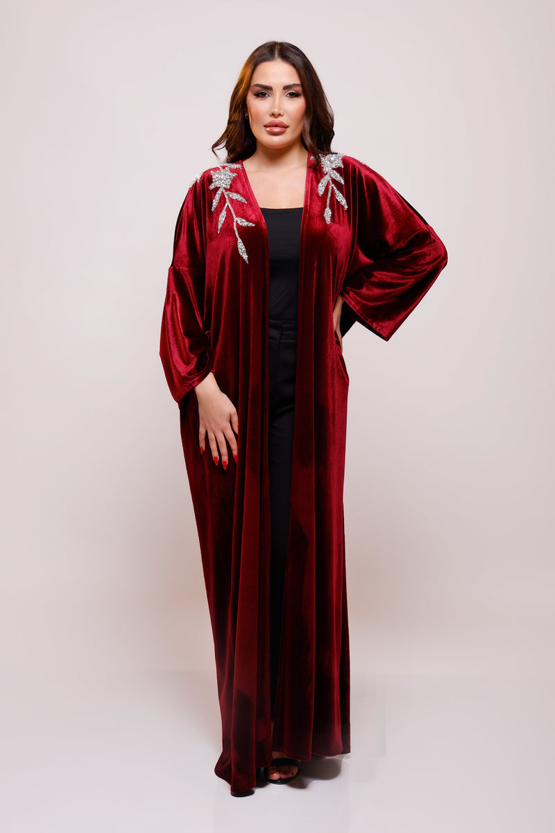 Ayla Burgundy Embelished Velvet Abaya