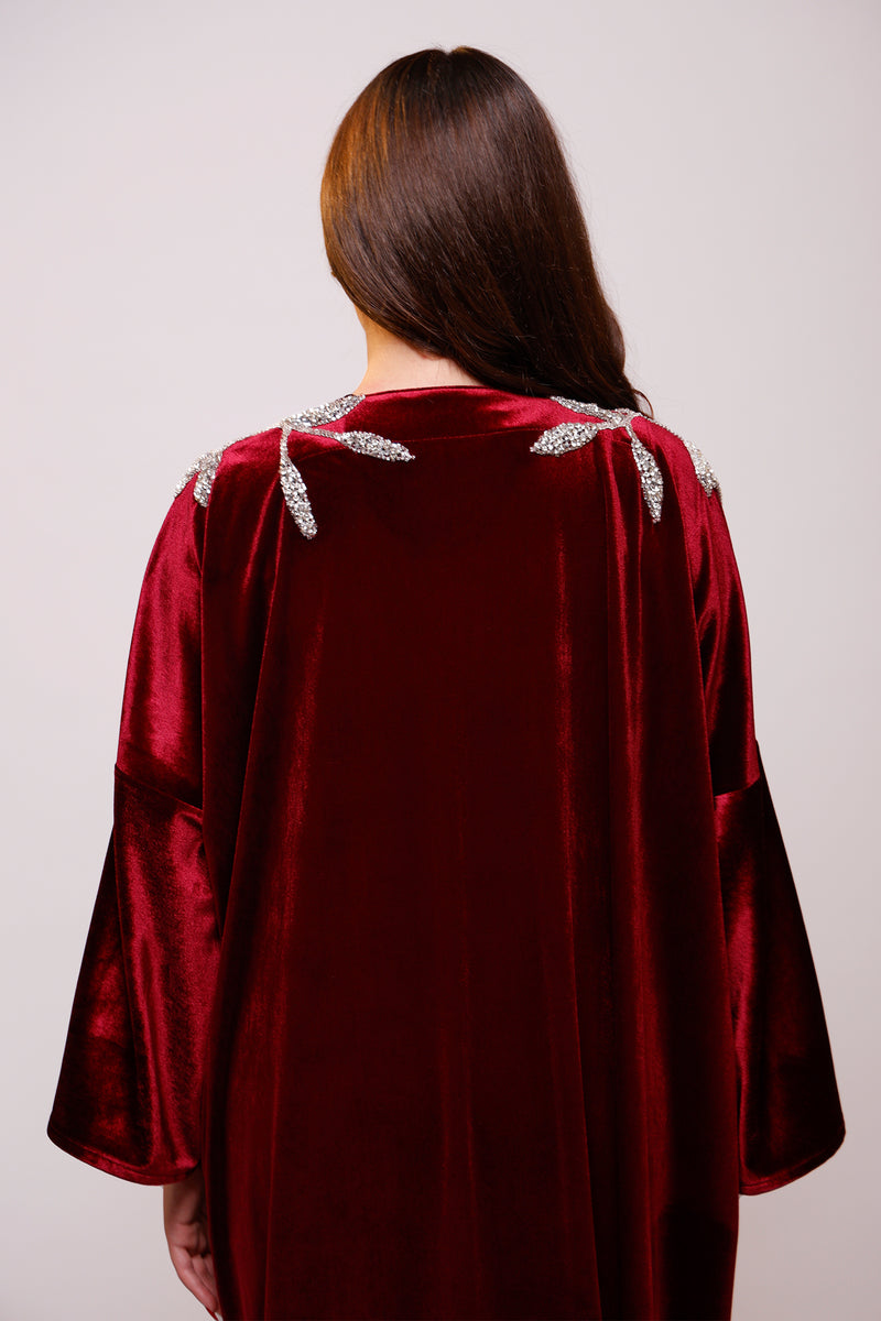 Ayla Burgundy Embelished Velvet Abaya