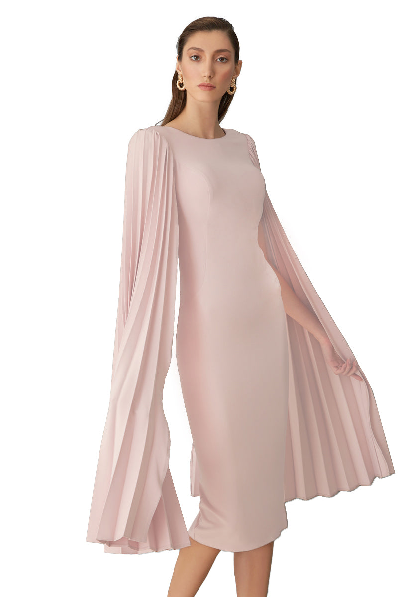 Beliz Blush Pink Cape Sleeves Midi Crepe Dress 2 (US)