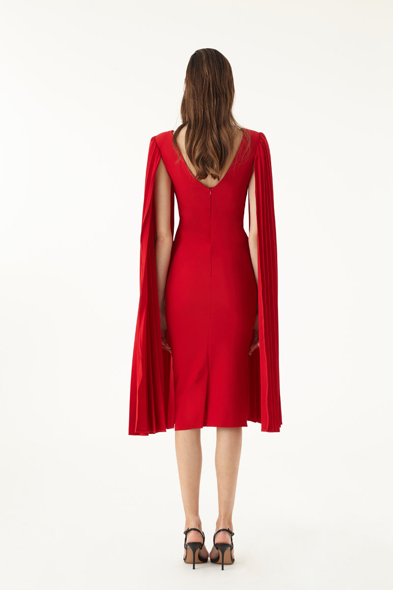 Beliz Red Cape Sleeves Midi Dress