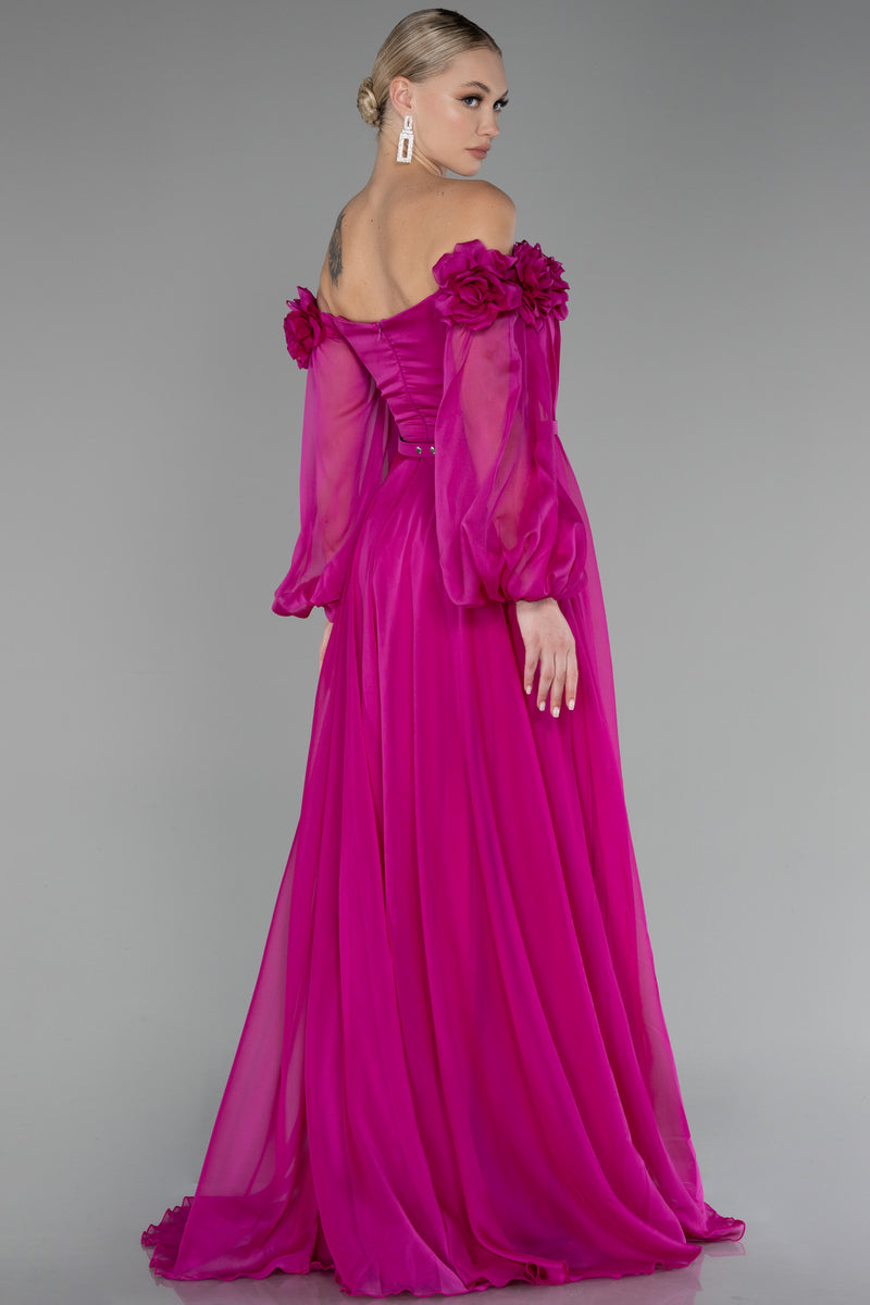 Courtney Floral Off Shoulder Fuchsia Long Sleeves Gown