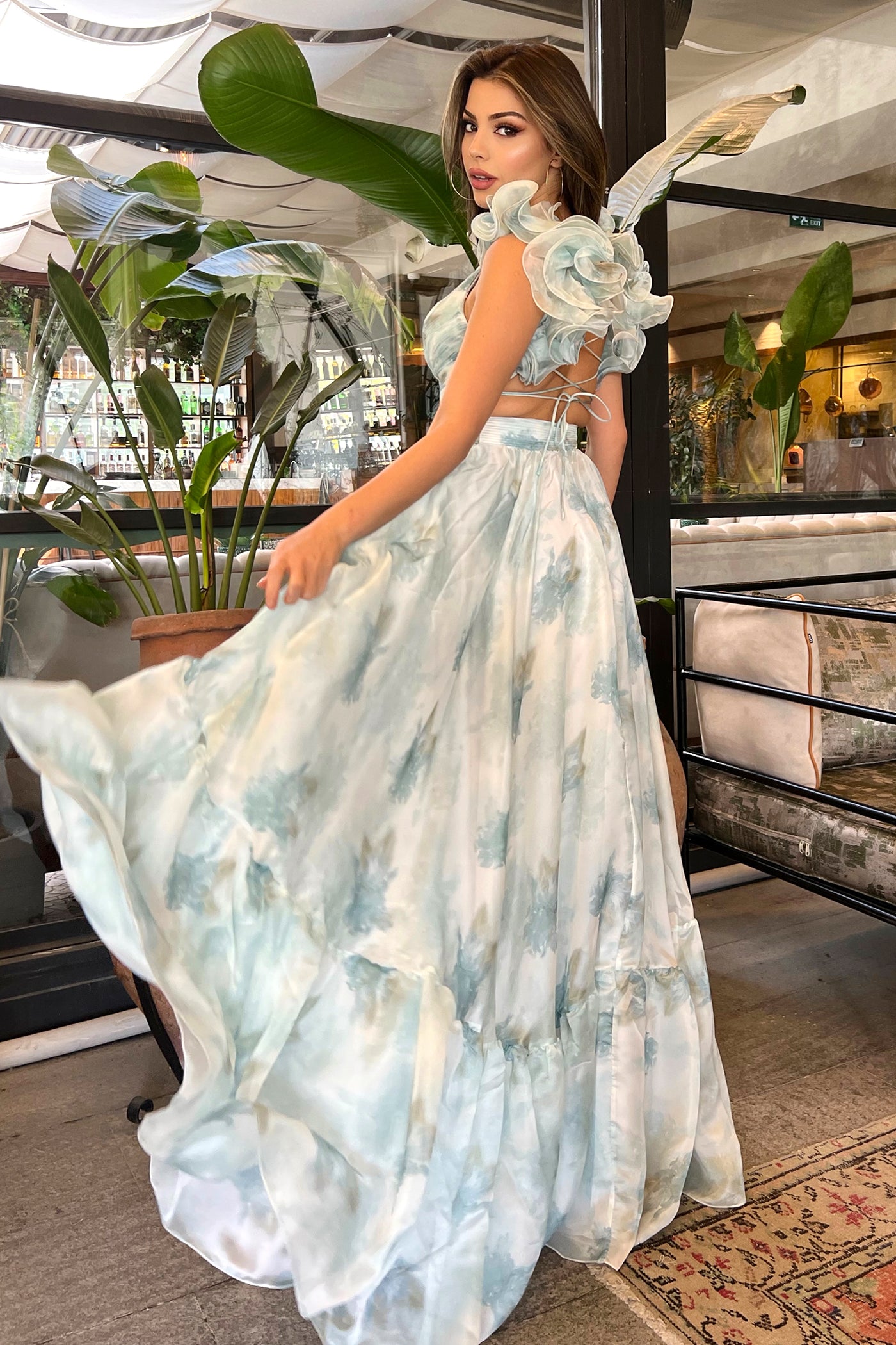 Citra Sage Blue Floral Maxi Printed Dress Spring Summer Dress S