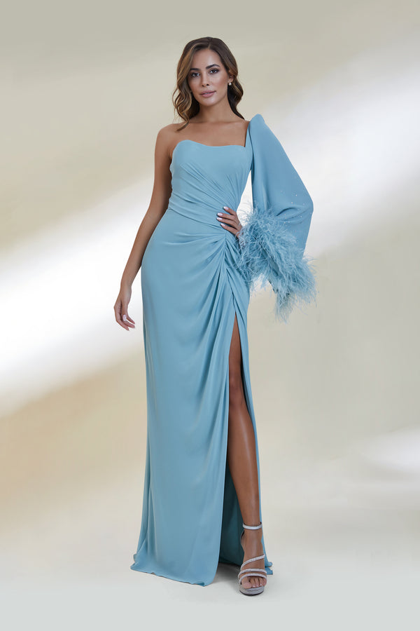 Hailey Feather Embellished Blue Gown