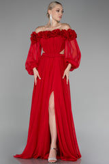 Courtney Floral Off Shoulder Red Long Sleeves Gown