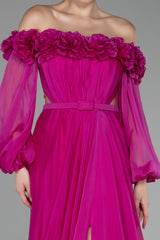 Courtney Floral Off Shoulder Fuchsia Long Sleeves Gown