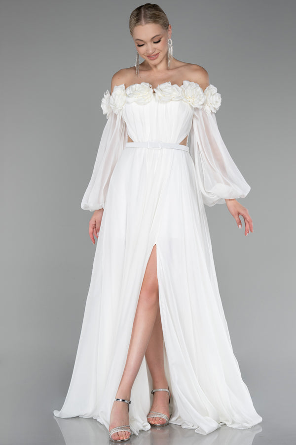 Courtney Floral Off Shoulder White Long Sleeves Gown