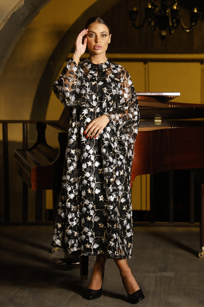 Destiny Black Caftan Dress with Gold and White Floral Embroidery unmatchedbyu Destiny Black Caftan Dress with Gold and White Floral Embroidery unmatchedbyu