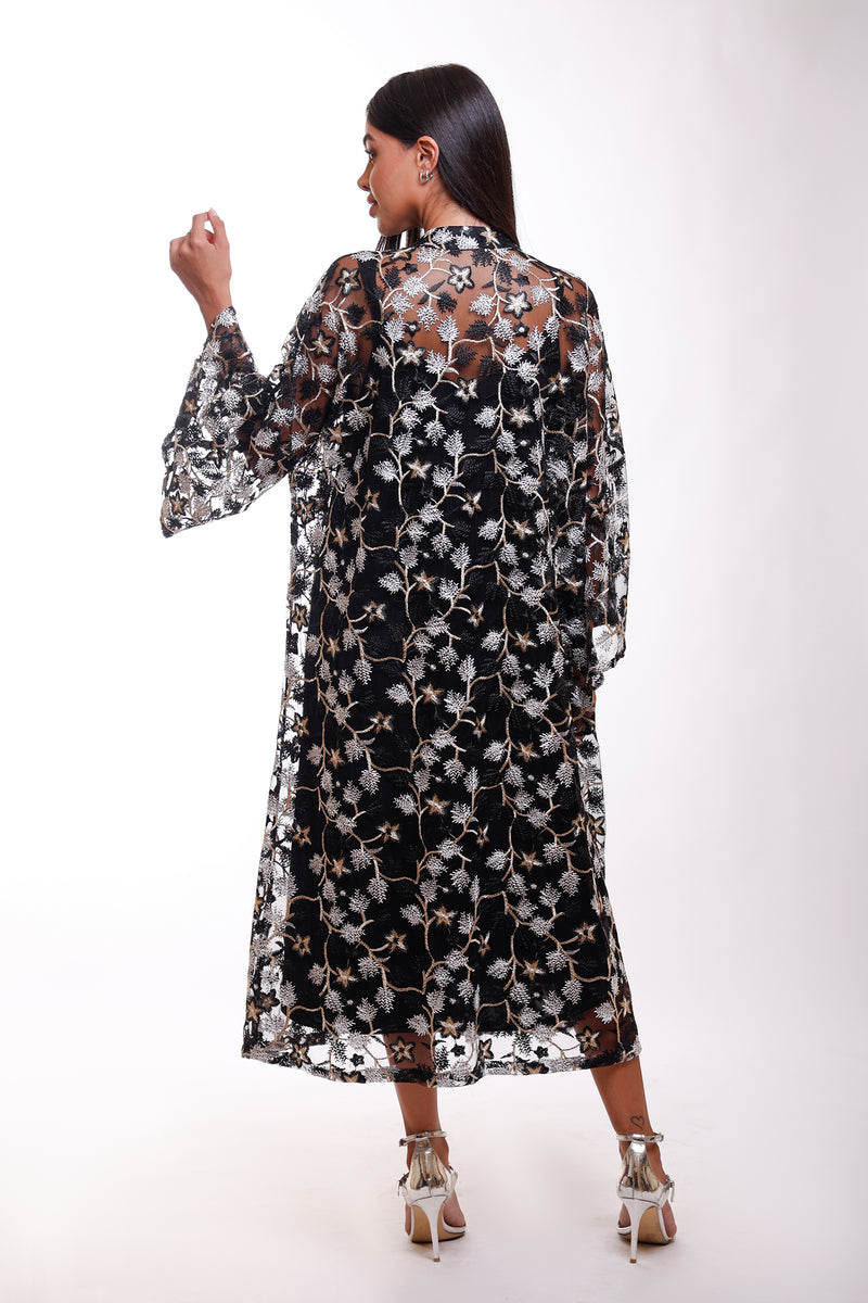 Destiny Gold Floral Embroidered Black Caftan Dress