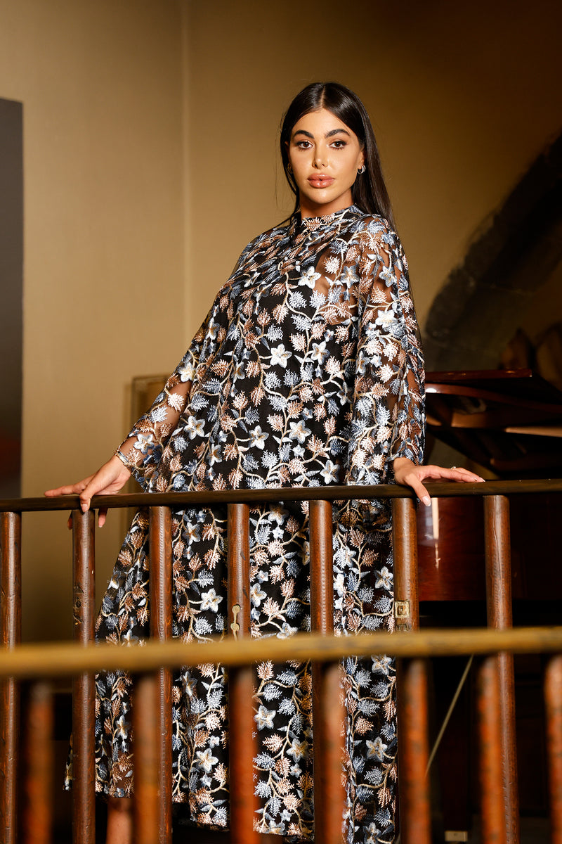 Destiny Black Caftan Dress with Blue and Pink Floral Embroidery Destiny Black Caftan Dress with Blue and Pink Floral Embroidery
