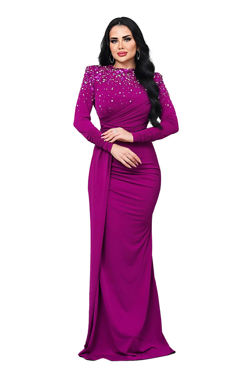 Diane Fuchsia Magenta Embellished Long Sleeves Modest Gown 6 US Diane Fuchsia Magenta Embellished Long Sleeves Modest Gown 6 US