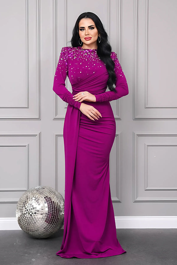 Diane Fuchsia Embellished Long Sleeves Gown