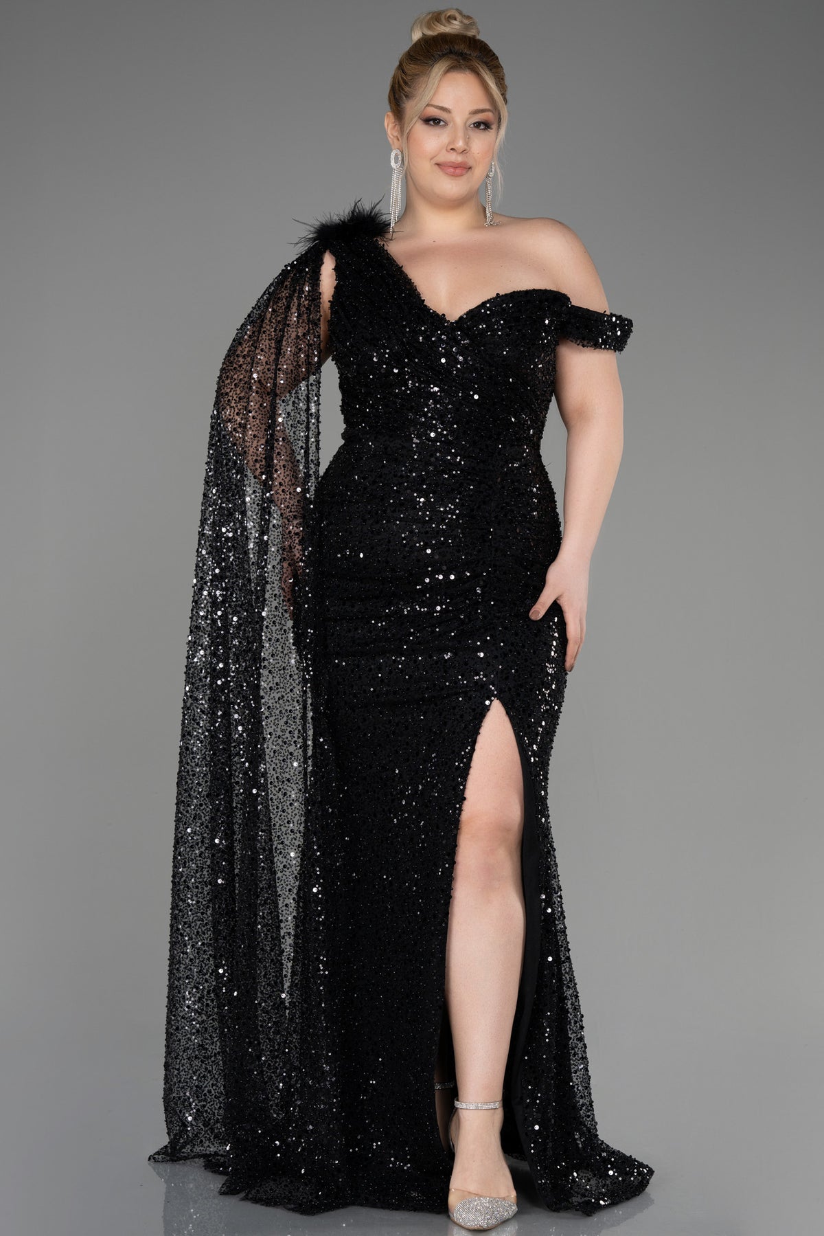 Donna Black Sequin Cape Feather Gown – unmatchedbyu