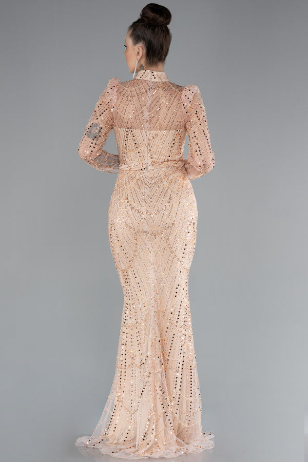 Ella Gold Beaded Long Sleeves Gown