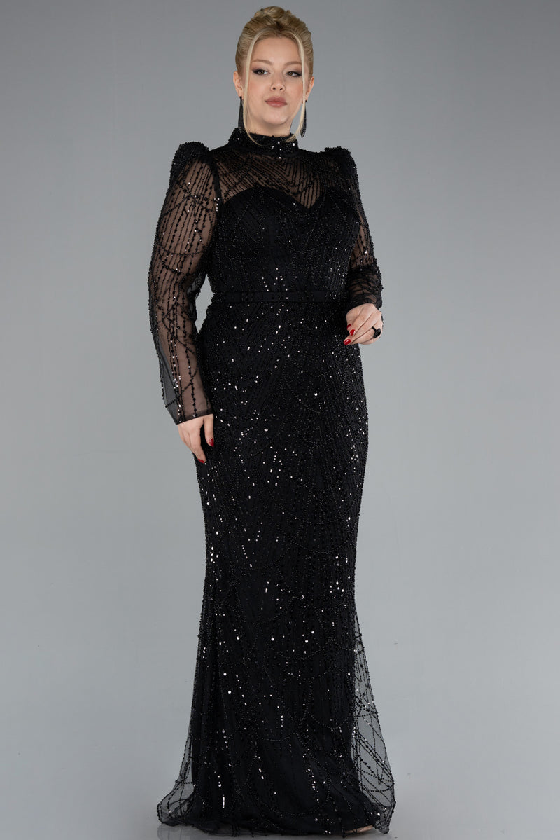 Ella Black Beaded Long Sleeves Gown