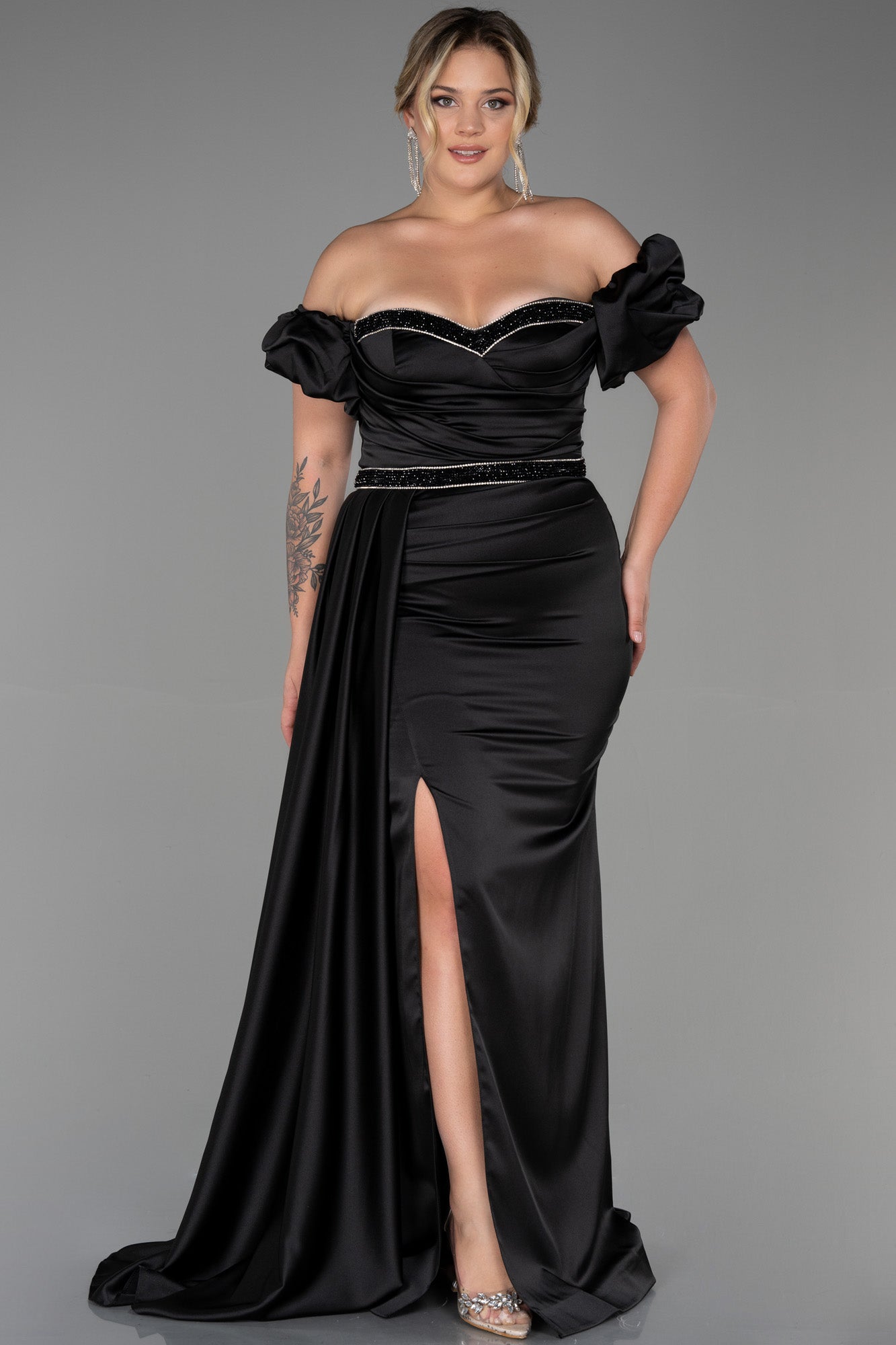 Esmeralda Black Satin Gown Sweetheart neckline off shoulder Puff sleeve ...