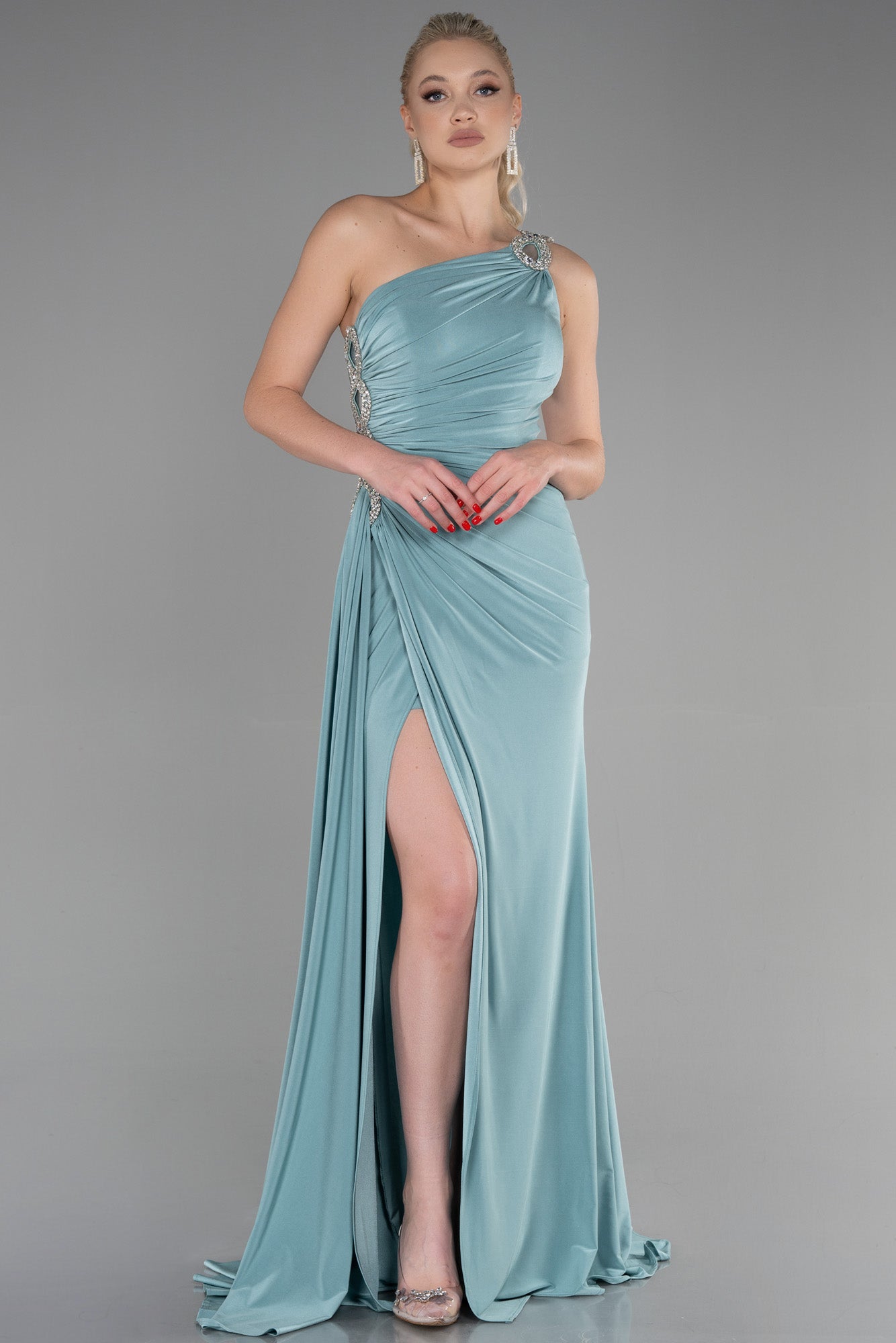 Evora Sage Blue Gown One Shoulder Crystal Strap Long – unmatchedbyu