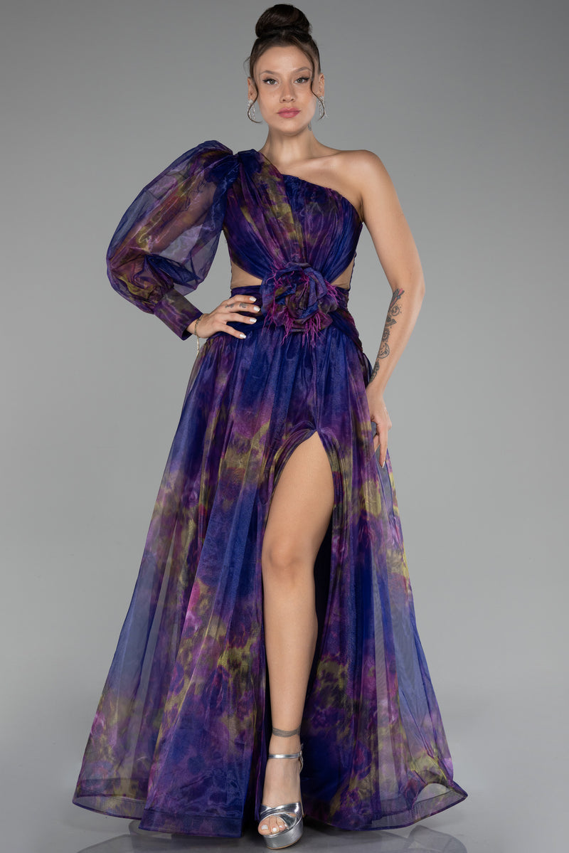 Gisella Dark Purple Printed One Sleeve Gown