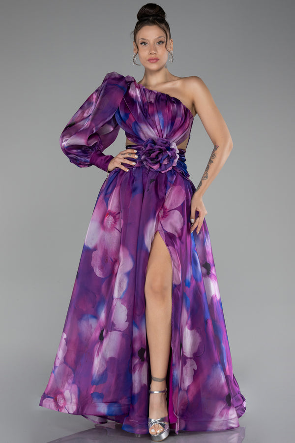 Gisella Purple Floral One Sleeve Gown