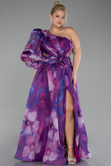 Gisella Purple Floral One Sleeve Gown